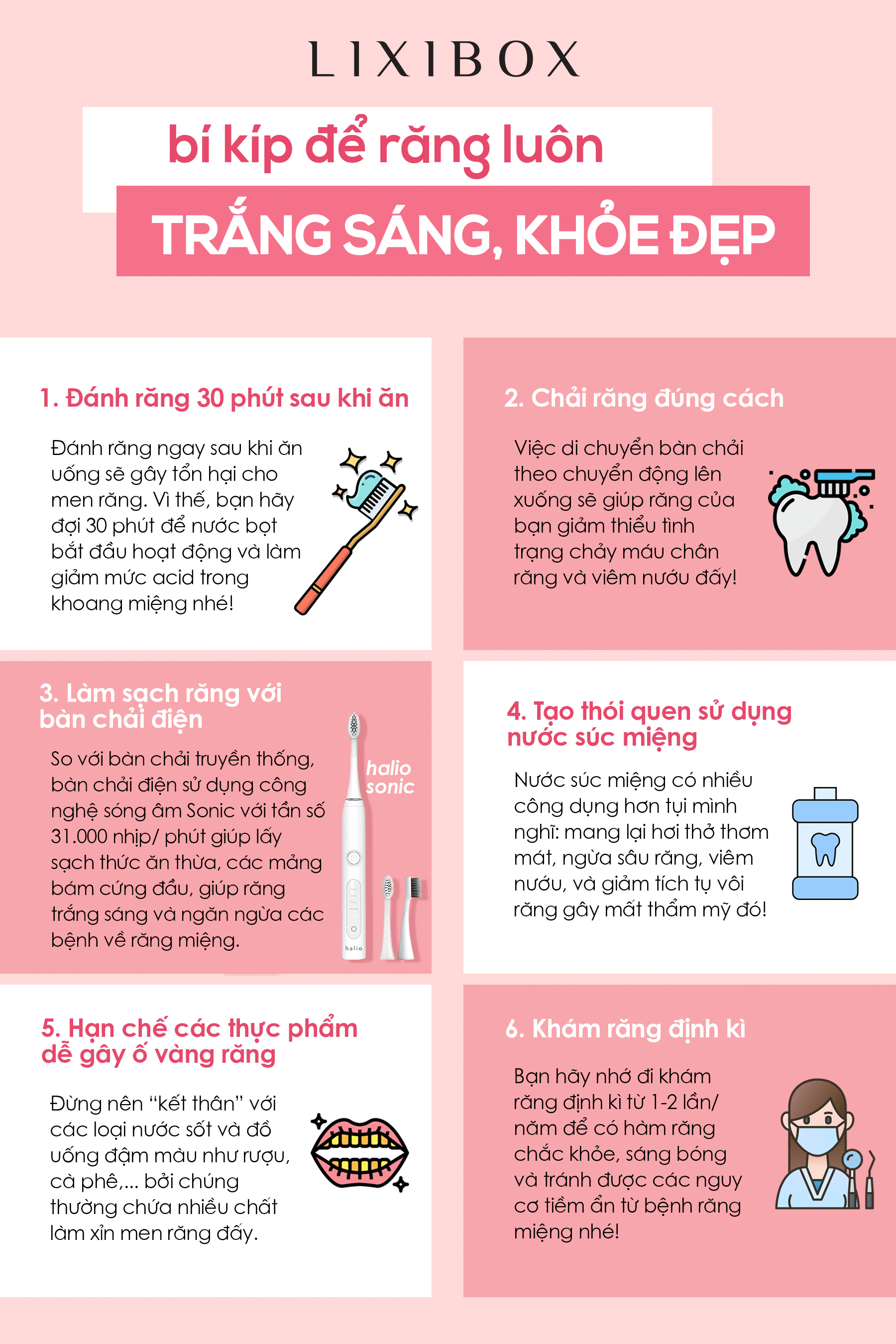 Bí kíp làm trắng răng trong 2 tuần: các mẹo hữu ích để sở hữu hàm răng trắng sáng và nụ cười rạng rỡ, bao gồm sử dụng bàn chải điện Halio Sonic PRO, cung cấp hướng dẫn cách chăm sóc răng miệng hiệu quả.