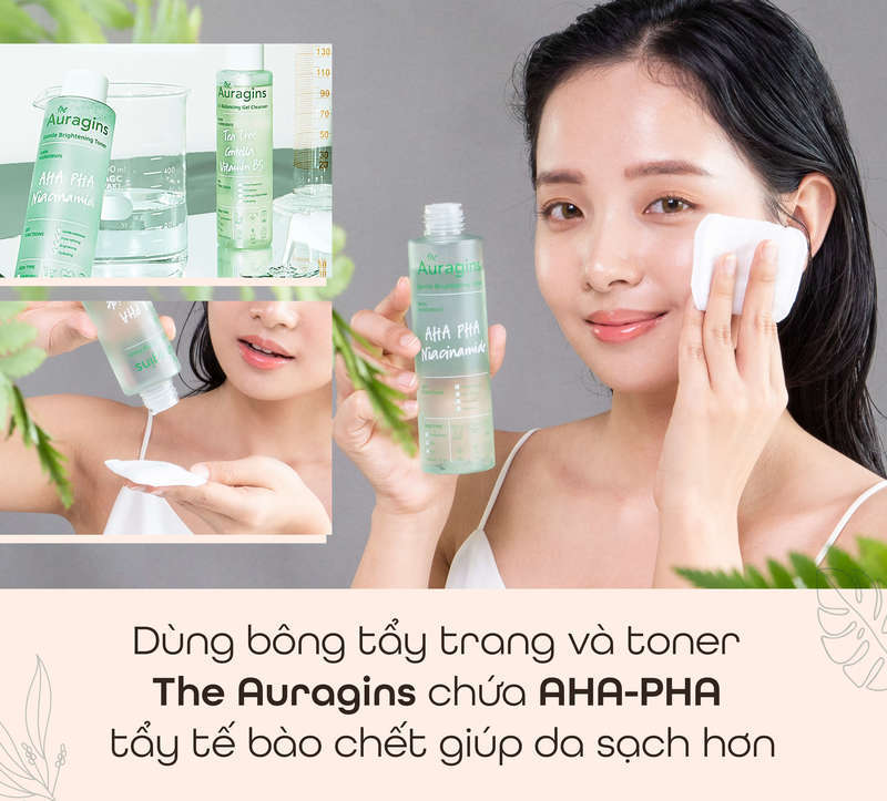 Dùng bông tẩy trang và toner The Auragins chứ AHA-PHA giúp tẩy tế bào chết, mang lại làn da sạch hơn. Bật mí về cách sử dụng máy rửa mặt Halio và các sản phẩm như Halio Sensitive, máy đẩy tinh chất dưỡng trắng, Halio Ion Hot & Cool để tối ưu hóa quy trình chăm sóc da.
