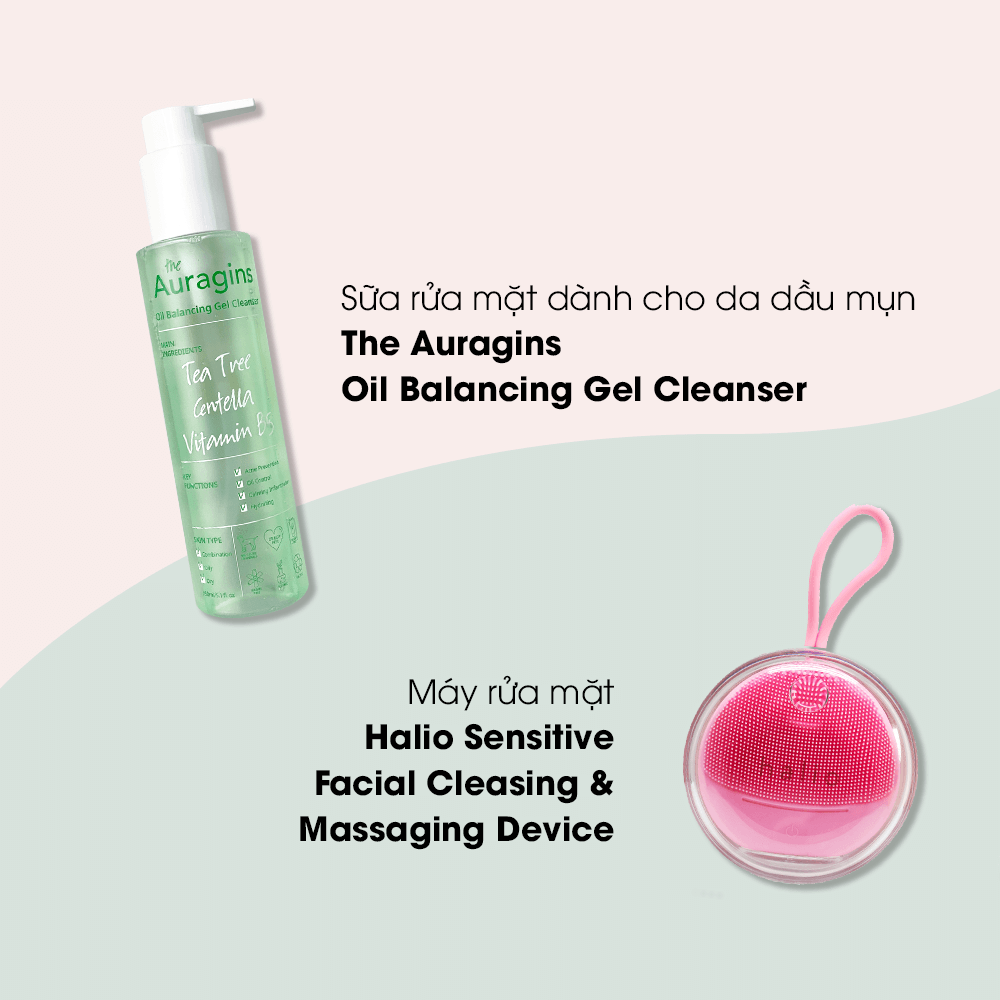 Sữa rửa mặt dành cho da dầu mụn The Auragins Oil Balancing Gel Cleanser và máy rửa mặt Halio Sensitive Facial Cleasing & Massaging Device. Bài viết chia sẻ bí kíp dưỡng ẩm và xoá mụn hiệu quả trong thời kỳ đeo khẩu trang mùa dịch Covid-19.