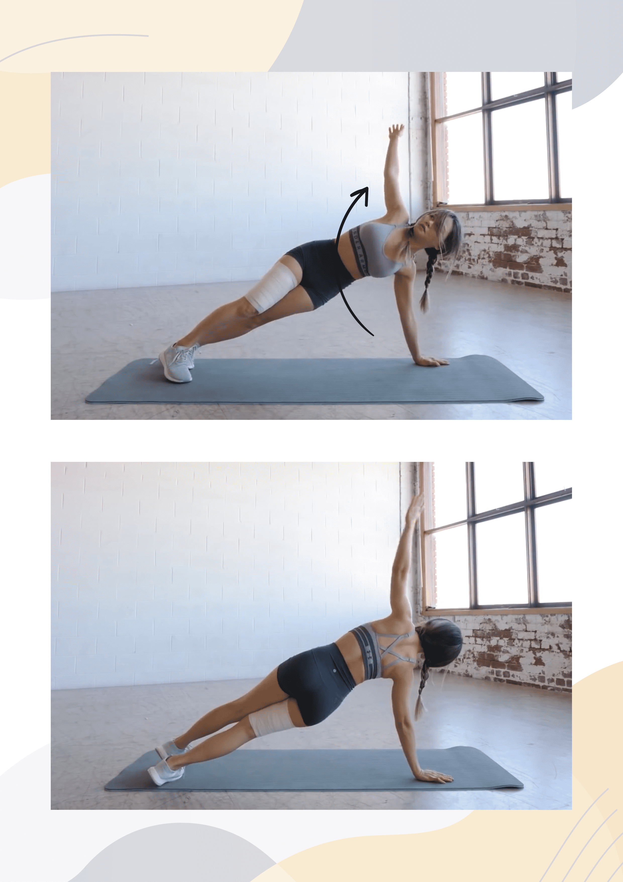 Bài tập thể dục giúp giảm mỡ bắp tay, diễn viên đang thực hiện bài tập plank với tay nâng lên cao. Chỉ cần chăm chỉ luyện tập 5 bài tập trong 2 tuần, bạn sẽ có bắp tay thon gọn để tự tin với trang phục yêu thích.