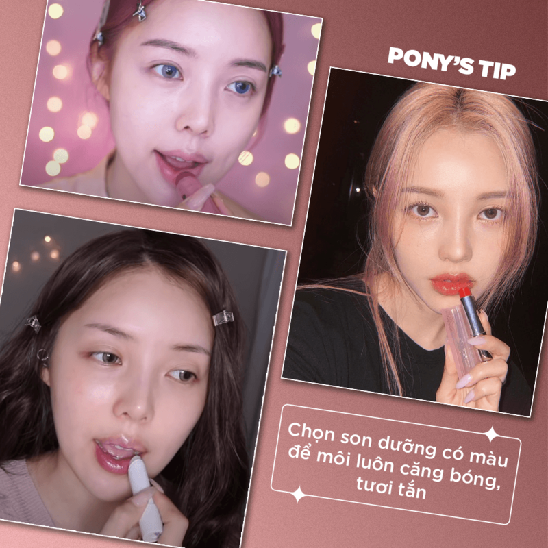 Học Pony Makeup 1 bước đơn giản với son dưỡng môi để có đôi môi quyến rũ. Bí quyết chăm sóc môi căng bóng, tươi tắn từ makeup artist nổi tiếng, lựa chọn son dưỡng màu giúp đôi môi hoàn hảo.