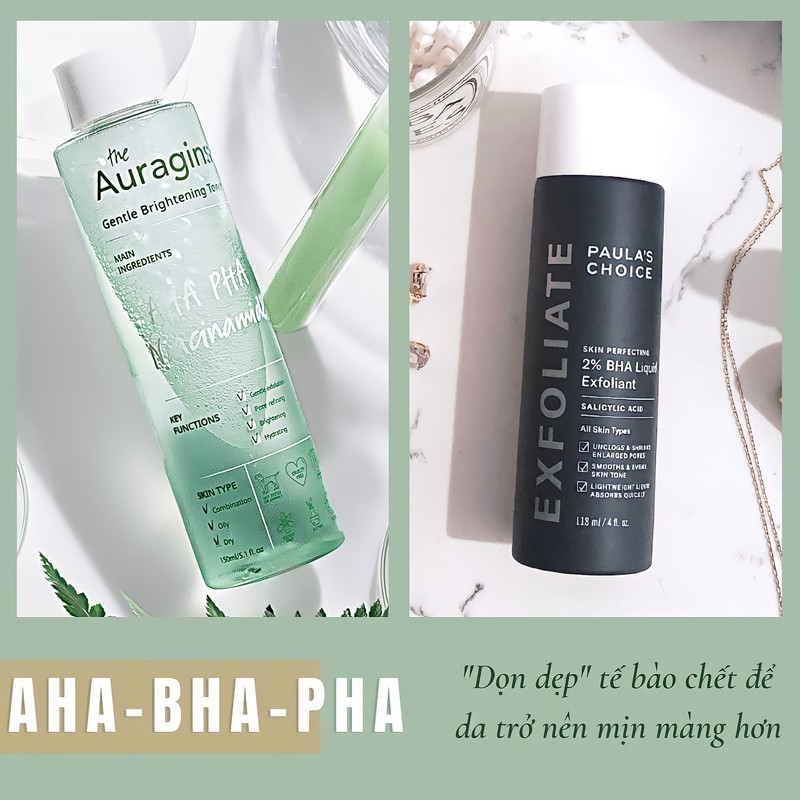 Hai sản phẩm skincare thuộc nhóm AHA, BHA giúp chống lão hóa, làm sáng da. Bên trái là toner The Auragins với các thành phần làm sáng và cấp ẩm, bên phải là Paula's Choice 2% BHA giúp tẩy tế bào chết và se khít lỗ chân lông, hỗ trợ quy trình dưỡng da hiệu quả.