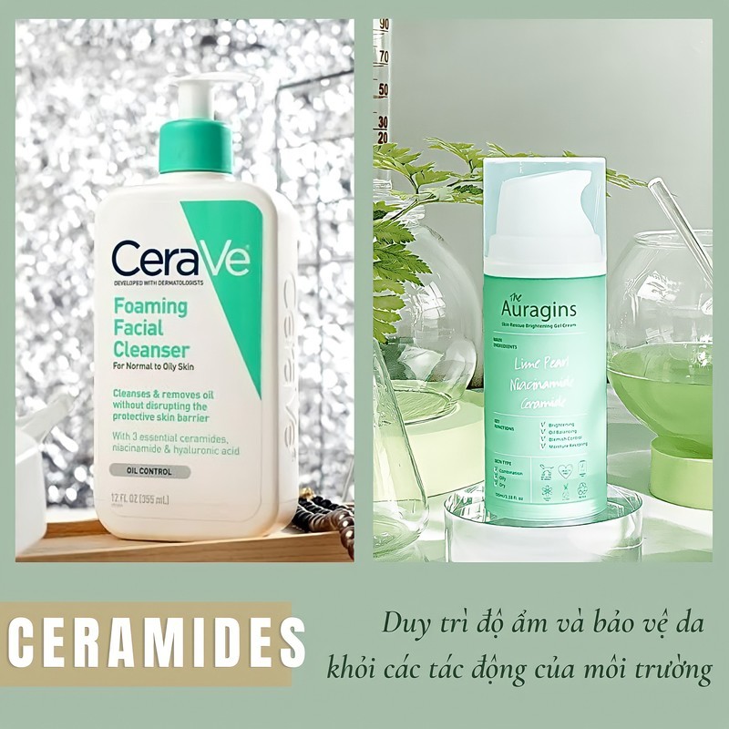 Hai sản phẩm chăm sóc da chứa Ceramides, giúp duy trì độ ẩm và bảo vệ làn da khỏi các tác động môi trường. Thích hợp cho thông điệp chống lão hóa và nuôi dưỡng da.