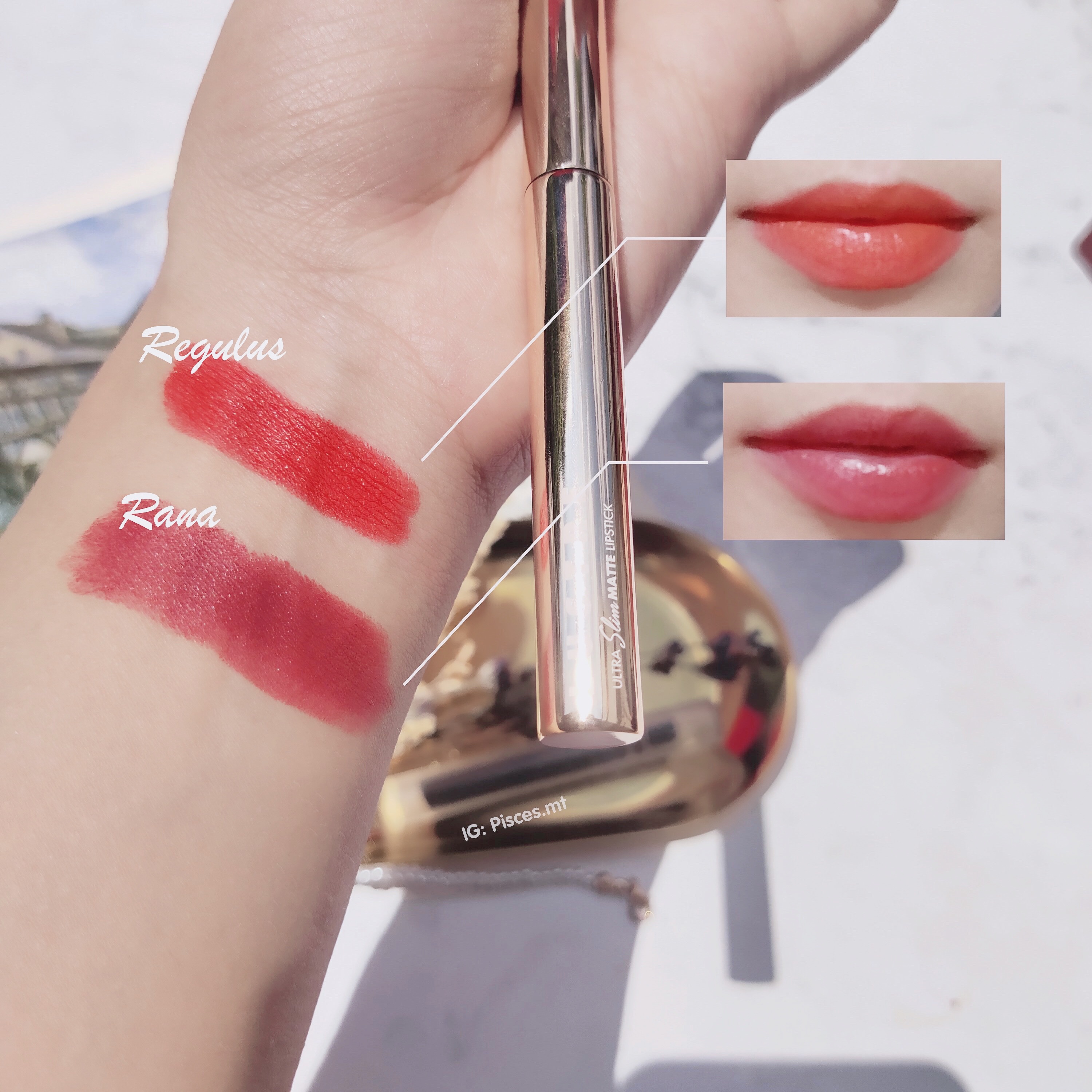 Bài viết trải nghiệm son lì Lustre, với hình ảnh swatch màu Regulus và Rana trên làn da, mô tả cảm nhận của người dùng về việc tìm kiếm thỏi son màu sắc đẹp, không khô môi cho môi khô.