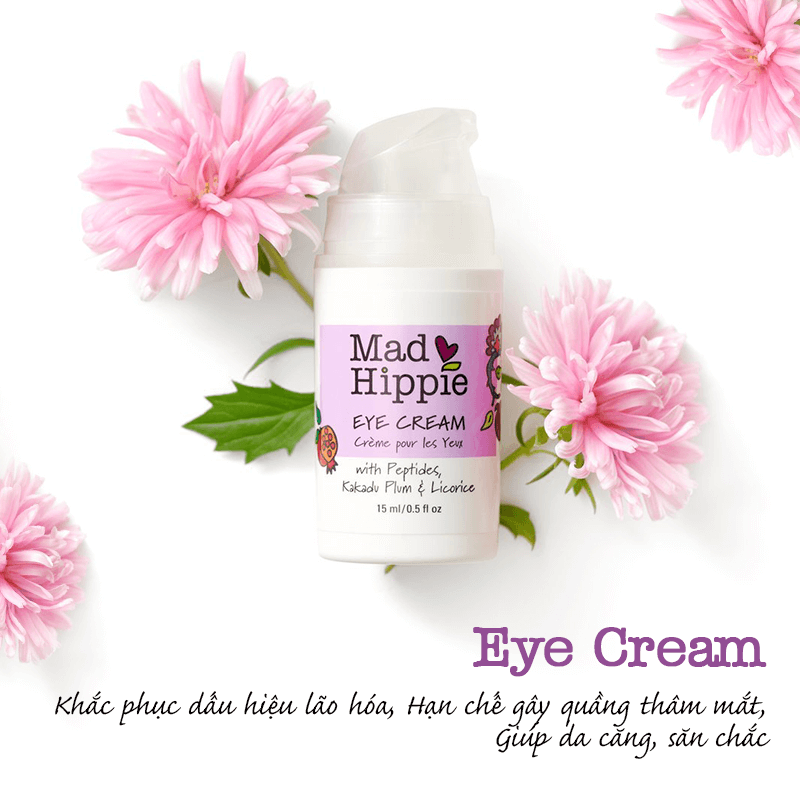 Mad Hippie Eye Cream, sản phẩm chăm sóc da thiên nhiên với peptide, Kakadu Plum và Licorice, giúp cải thiện dấu hiệu lão hóa và làm căng da, nổi bật trên thị trường mỹ phẩm organic và indie brand.