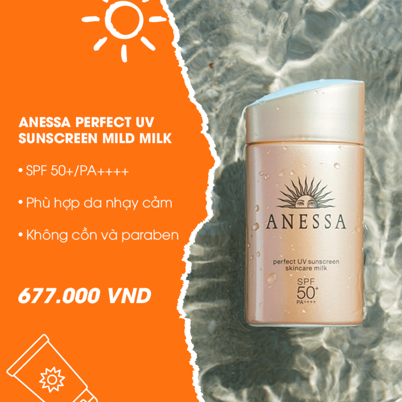 Kem chống nắng Anessa Perfect UV Sunscreen Mild Milk, SPF 50+/PA++++. Phù hợp với da nhạy cảm, không chứa cồn và paraben. Giá 677.000 VNĐ. Tham khảo các sản phẩm Hàn Quốc chất lượng cao cho skincare và lựa chọn kem chống nắng an toàn, hiệu quả.