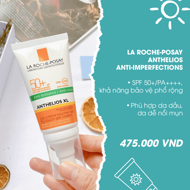Kem chống nắng La Roche-Posay Anthelios XL Anti-Imperfect, SPF 50+/PA+++++, khả năng bảo vệ phổ rộng, phù hợp cho da dầu, da dễ nổi mụn. Giá 475.000 VNĐ, lý tưởng cho những tín đồ skincare Hàn Quốc.