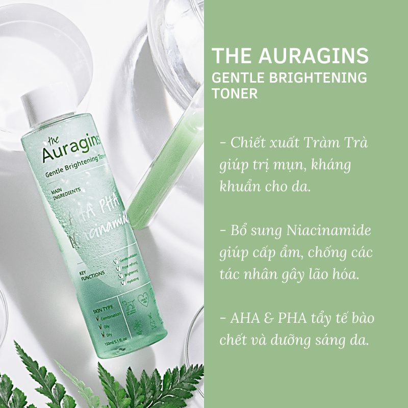 Toner làm sáng da The Auragins với chiết xuất Tràm Trà giúp trị mụn. Sản phẩm bổ sung Niacinamide cấp ẩm, chống lão hóa hiệu quả. AHA & PHA tẩy tế bào chết giúp da sáng mịn, phù hợp cho skincare routine chống lão hóa.
