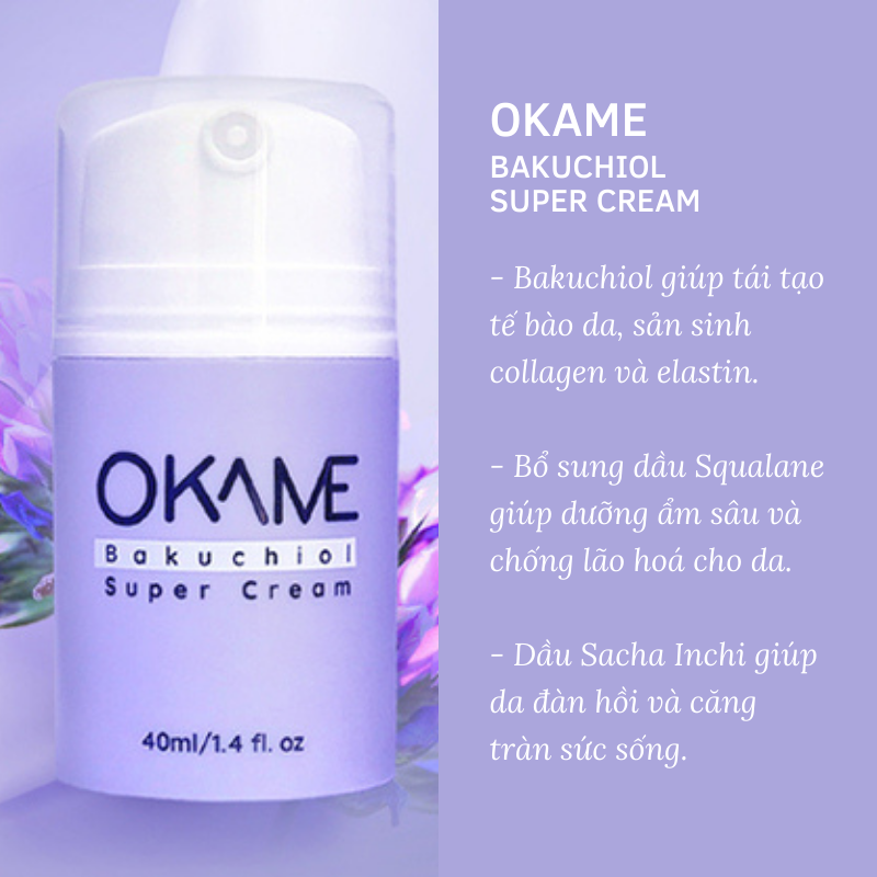OKAME Bakuchiol Super Cream là sản phẩm giúp tái tạo tế bào da, cung cấp độ ẩm và chống lão hóa hiệu quả. Sử dụng Bakuchiol, Squalane và dầu Sacha Inchi, sản phẩm này mang lại làn da khỏe mạnh và trẻ trung.