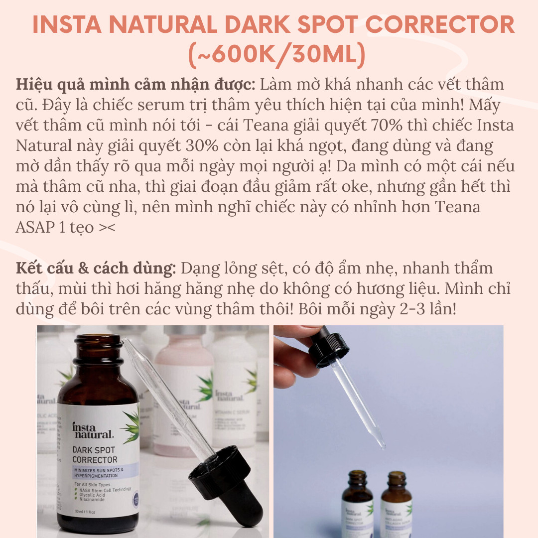 Bài viết giới thiệu sản phẩm trị thâm mụn Insta Natural Dark Spot Corrector. Công dụng làm sáng da, giảm vết thâm hiệu quả chỉ sau 1 tuần sử dụng. Khuyên dùng cho những ai muốn cải thiện tình trạng da không đều màu. #skincare #reviewmypham #trị_mụn #thâm_mụn.