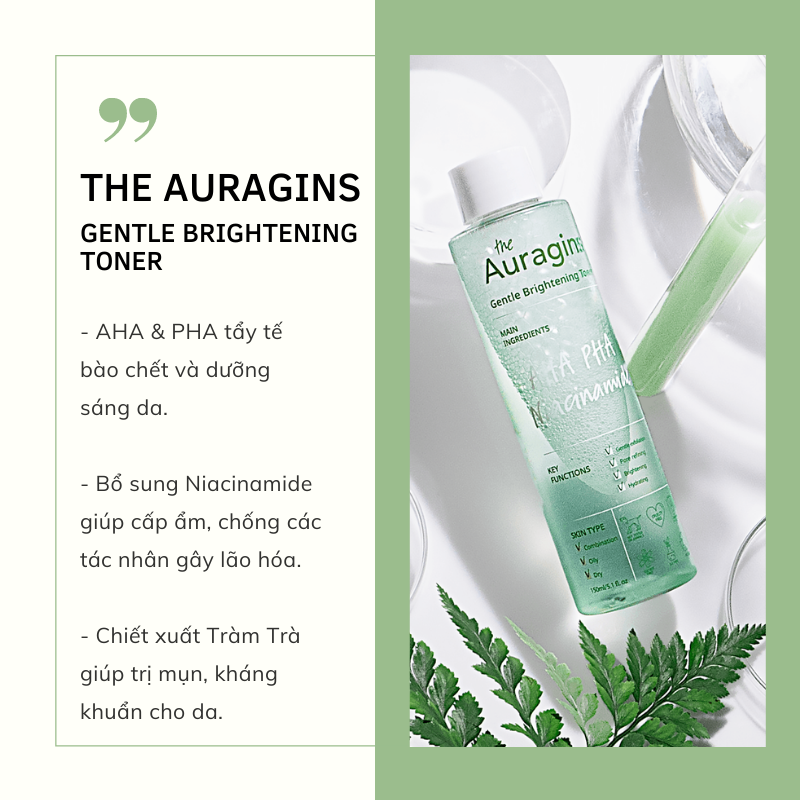 Toner làm sáng da The Auragins với AHA & PHA giúp tẩy tế bào chết, bổ sung Niacinamide cấp ẩm, chiết xuất Tràm Trà hỗ trợ trị mụn. Sản phẩm phù hợp cho làn da nhạy cảm, giúp làm sạch và dịu nhẹ.