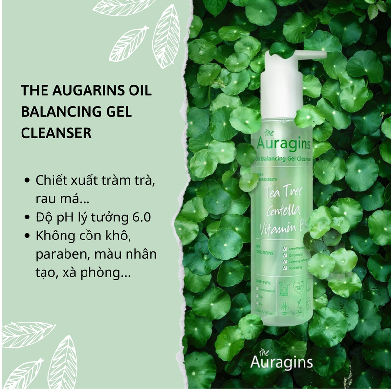 Sản phẩm The Auragins Oil Balancing Gel Cleanser chiết xuất tràm trà và rau má, có độ pH lý tưởng 6.0. Không chứa paraben, màu nhân tạo, hỗ trợ chăm sóc da mụn và da dầu hiệu quả.