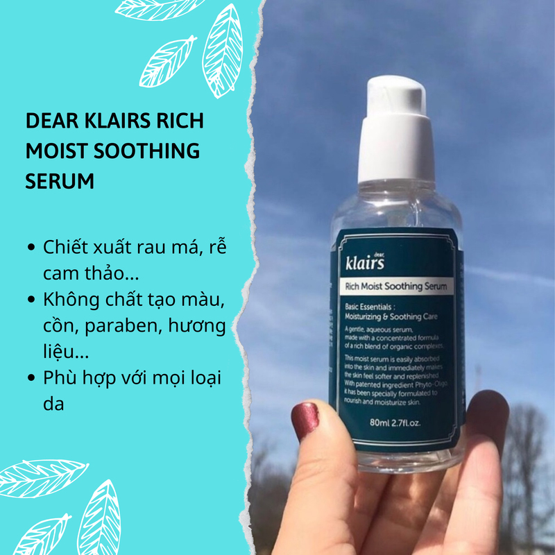 Serum Dear Klairs Rich Moist Soothing, chiết xuất rau má và rễ cam thảo, không chứa chất tạo màu và paraben, phù hợp cho mọi loại da, hỗ trợ chăm sóc da mụn và da dầu hiệu quả.