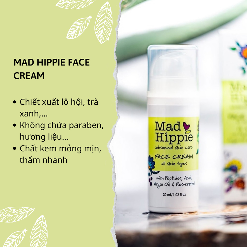 Kem dưỡng mặt Mad Hippie với chiết xuất lô hội và trà xanh, không chứa paraben, dịu nhẹ cho da, giúp ngăn ngừa mụn hiệu quả, phù hợp cho da dầu và da mụn, là lựa chọn hoàn hảo trong quy trình chăm sóc da mụn.