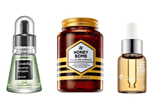 Các sản phẩm ampoule chăm sóc da Châu Á: Centella Blemish Ampule của COSRX, Honey Bomb của sharashara và ampoule của LEE HIAM, mang đến sự lựa chọn tuyệt vời cho quy trình dưỡng da đa dạng.