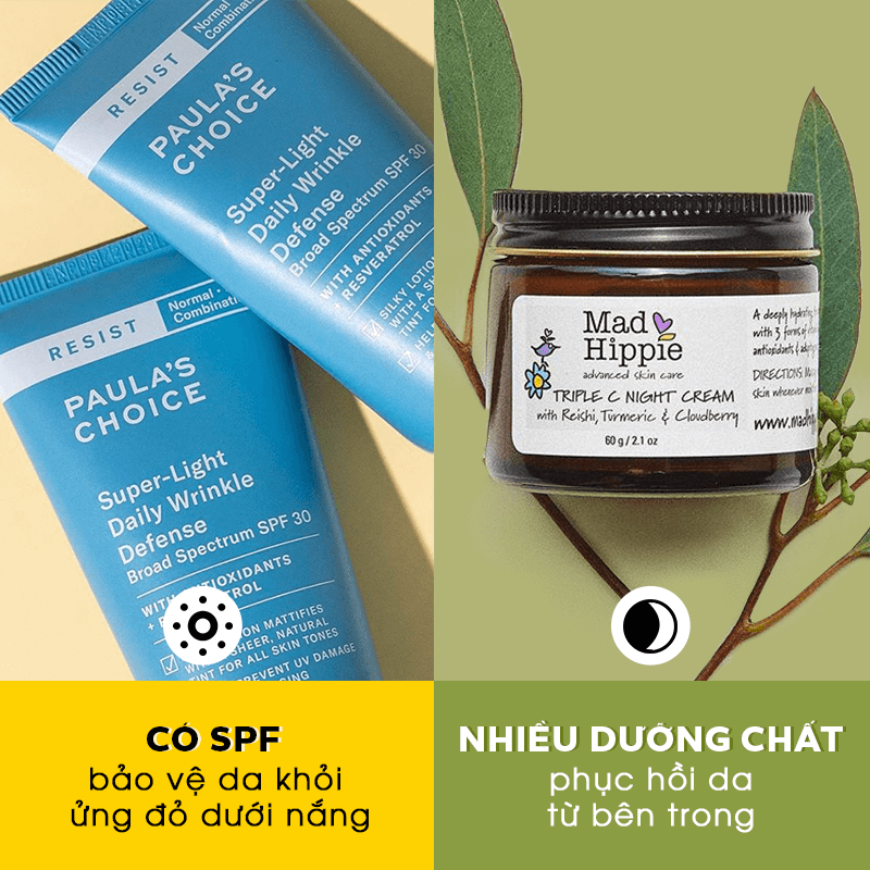 Bài viết về 4 sai lầm khi chọn kem dưỡng cho làn da nhạy cảm. Hình ảnh chứa sản phẩm Paula's Choice và Mad Hippie, nhấn mạnh việc chăm sóc da nhạy cảm hiệu quả với chỉ số SPF bảo vệ và nhiều dưỡng chất.