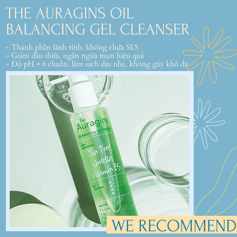 Sữa rửa mặt Gel cân bằng dầu Auragins, thành phần lành tính, không chứa SLS, giúp giảm dầu thừa, ngăn ngừa mụn, duy trì độ pH 6 - làm sạch dịu nhẹ, phù hợp cho da dầu, lựa chọn lý tưởng từ OKAME Skincare.