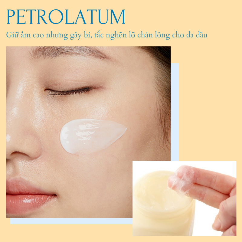 Hình ảnh sản phẩm chứa petrolatum trên làn da, nhấn mạnh tầm quan trọng của việc tránh thành phần gây bít tắc cho da dầu, nhằm ngăn ngừa mụn. Tham khảo bài viết về chăm sóc da dầu với OKAME Skincare, Thayers và Cetaphil.