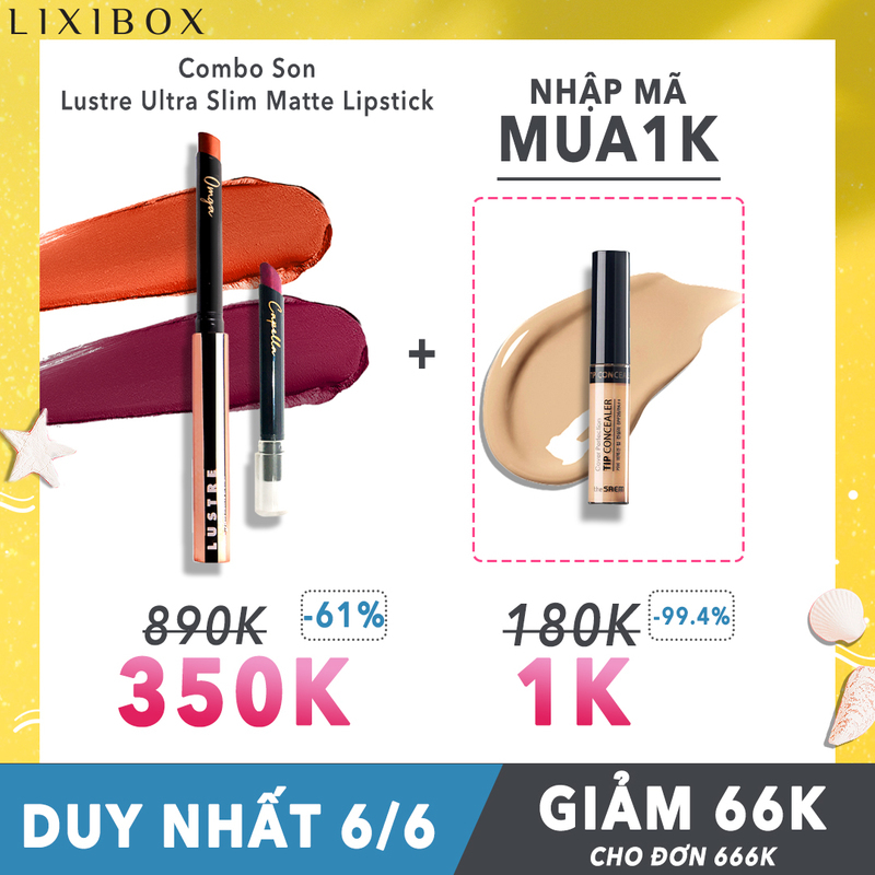 Tận hưởng SIÊU SALE 6.6 tại Lixibox với bộ sản phẩm combo son. Giá chỉ 350K, giảm 61% cùng quà tặng hấp dẫn khi nhập mã MUA1K. Xu hướng săn sale và nhận deal 66K cực chất cùng GWP Việt Nam!