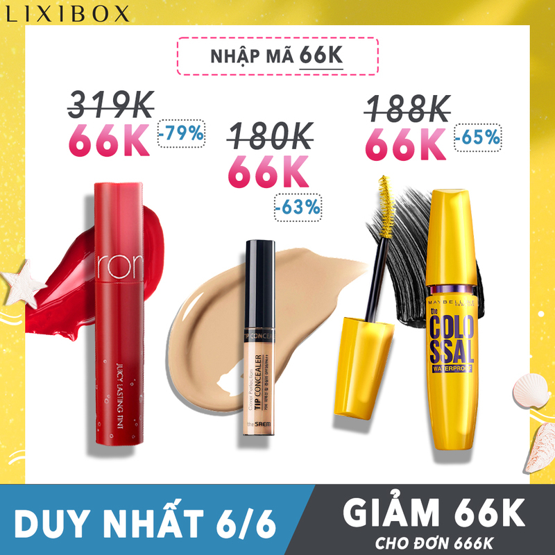 Giảm giá khủng từ Lixibox trong sự kiện SIÊU SALE 6.6 với mã 66K, săn sale cho những sản phẩm trang điểm nổi bật như son rON, concealer, và mascara. Cơ hội nhận quà hấp dẫn từ GWP Vietnam.