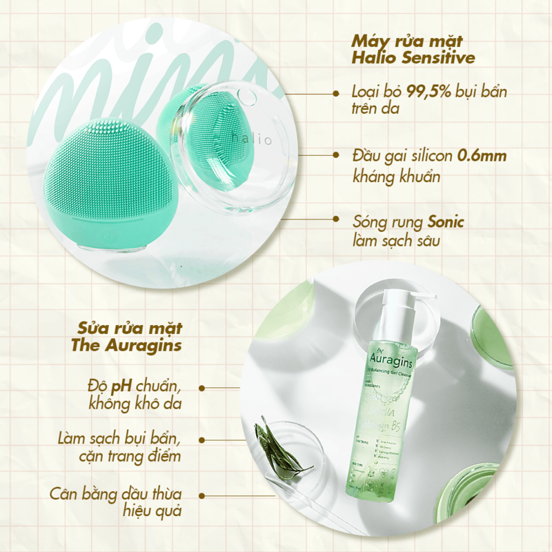 Sữa rửa mặt Halio Sensitive và The Auragins với khả năng làm sạch hiệu quả. Sản phẩm có công nghệ sóng rung Sonic, giúp loại bỏ bụi bẩn, kết hợp với sáp tẩy trang lành tính Okame để cải thiện tình trạng da mùa dịch.