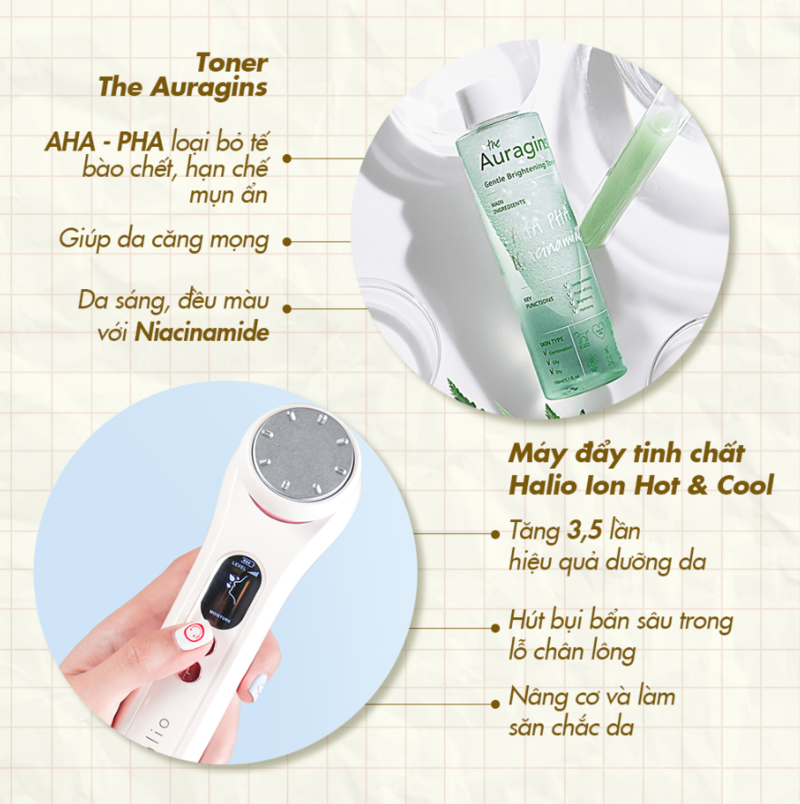 Bài viết về chăm sóc da trong mùa dịch, giới thiệu toner The Auragins chứa AHA-PHA giúp làm sáng, đều màu và tăng cường độ ẩm với Niacinamide, cùng máy đẩy tinh chất Halio Ion Hot & Cool nâng cao hiệu quả dưỡng da, hỗ trợ loại bỏ mụn.