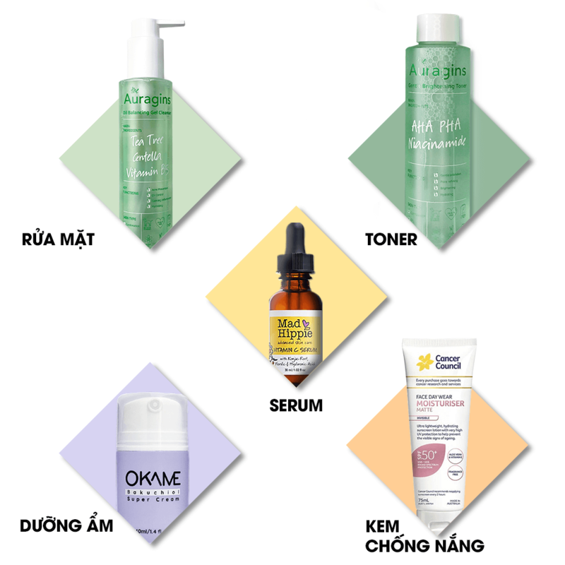 Bộ sản phẩm chăm sóc da gồm rửa mặt, toner, serum, dưỡng ẩm và kem chống nắng. Tận dụng thời gian giãn cách xã hội để làm đẹp và nâng cấp bản thân ngay tại nhà với các bước chăm sóc da hiệu quả.