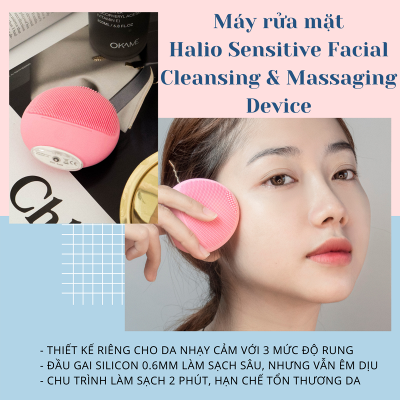 Máy rửa mặt Halio Sensitive Facial Cleansing & Massaging Device giúp chăm sóc da nhạy cảm, thiết kế riêng với 3 mức độ rung, an toàn và hiệu quả. Sản phẩm từ OKAME Skincare, hỗ trợ làm dịu da, hạn chế mụn và mẩn đỏ.
