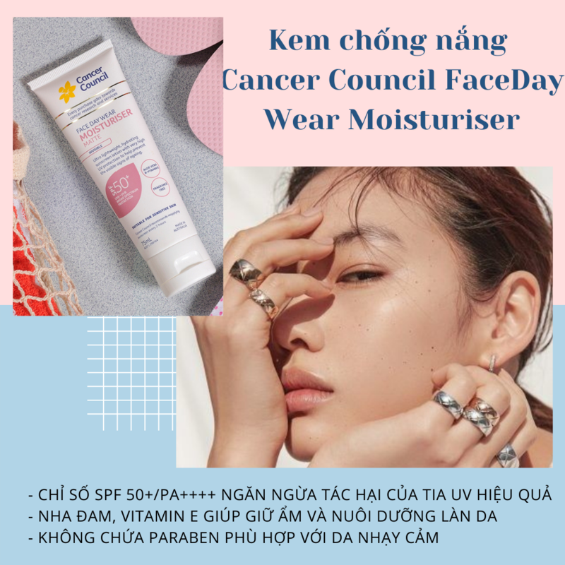 Bài viết về chăm sóc da nhạy cảm với tiêu đề "Bỏ quên các nguyên nhân sau khiến da nhạy cảm dễ nổi mụn, mẩn đỏ" và hướng dẫn sử dụng sản phẩm kem chống nắng Cancer Council dưỡng ẩm an toàn cho làn da nhạy cảm.