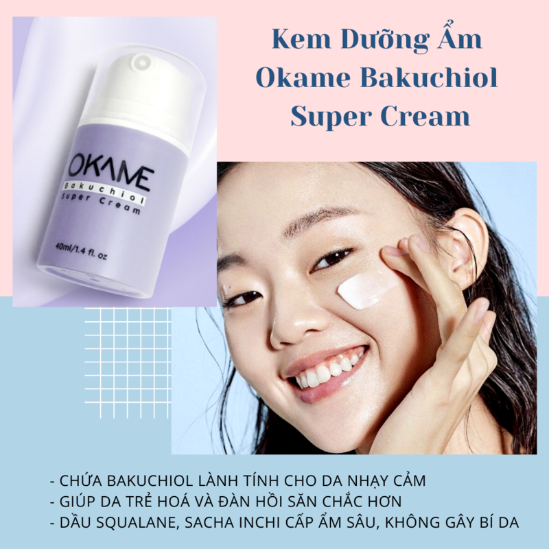 Kem dưỡng ẩm OKAME Bakuchiol Super Cream giúp làm dịu da nhạy cảm, chứa bakuchiol và squalane, hỗ trợ trẻ hóa, đàn hồi da hiệu quả, lý tưởng cho việc chăm sóc da nhạy cảm.