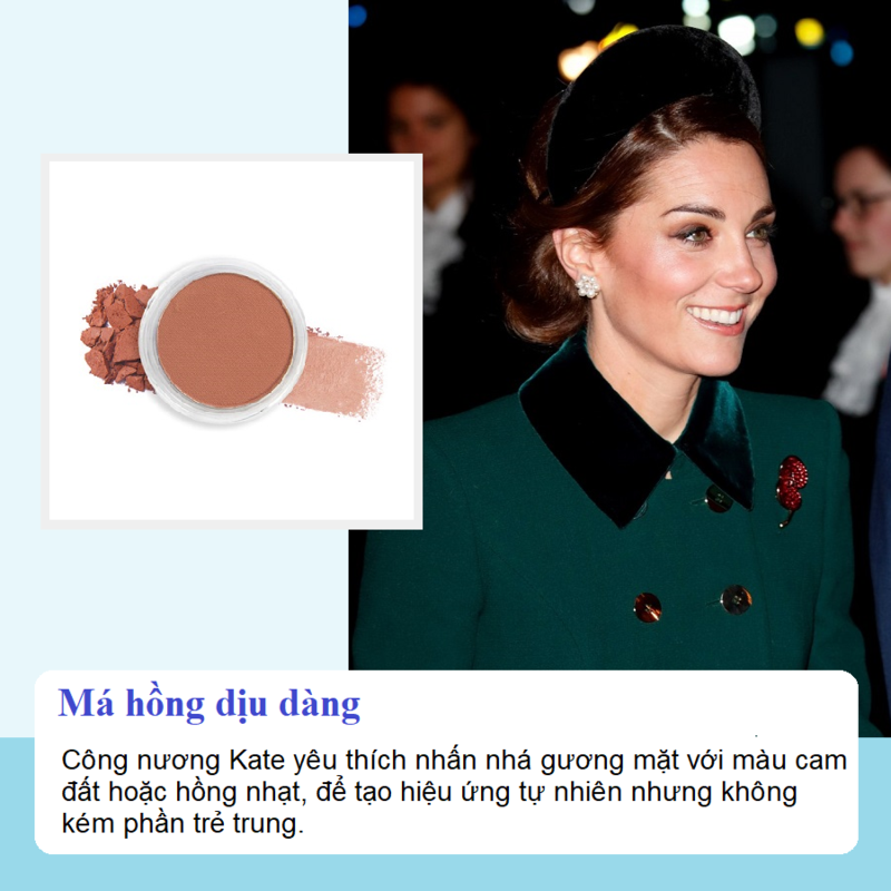 Công nương Kate Middleton thường lựa chọn màu má hồng dịu dàng giúp tạo hiệu ứng tự nhiên. Khám phá bí quyết trang điểm tự nhiên với son môi màu nude và đánh nền hoàn hảo cho vẻ ngoài thanh lịch.