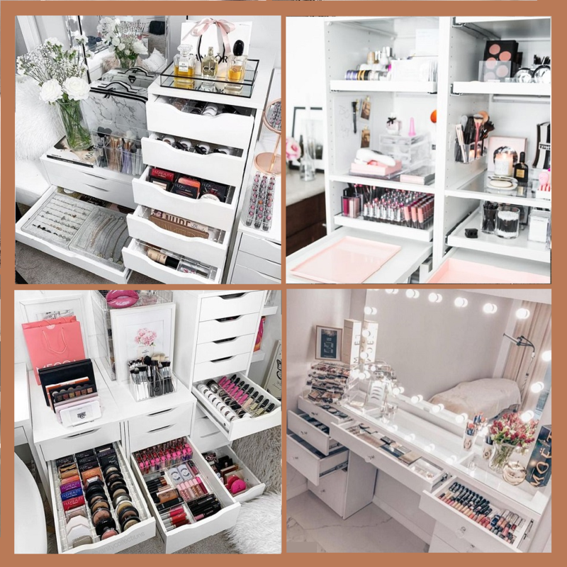 Bốn góc làm đẹp được trang trí tinh tế với mỹ phẩm đa dạng, là nguồn cảm hứng cho việc khoe góc làm đẹp mùa dịch. Tạo điểm nhấn bằng cách sắp xếp mỹ phẩm một cách khoa học và nghệ thuật, phù hợp với xu hướng trang trí nhà hiện đại.