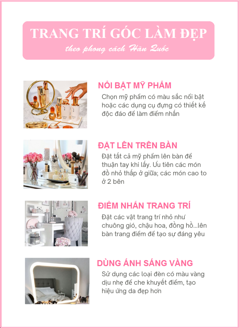 4 tip siêu đơn giản để tạo góc làm đẹp xinh xắn theo phong cách Hàn Quốc. Trang trí với mỹ phẩm nổi bật, đặt lên bàn thuận tiện, điểm nhấn trang trí dễ thương và sử dụng ánh sáng vàng để tạo hiệu ứng đẹp.