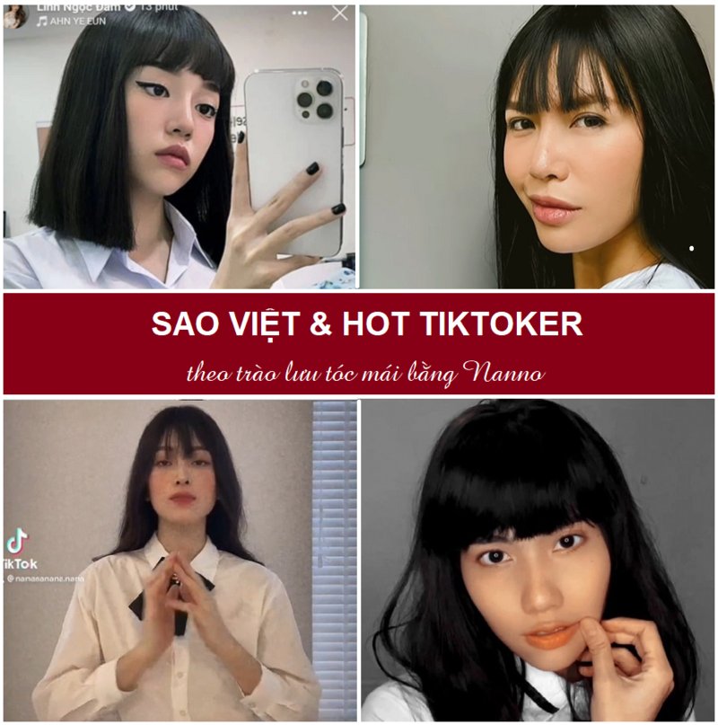 Bài viết về 5 mẹo đơn giản chăm sóc tóc mái bằng như Nanno từ bộ phim "Cô gái đến từ hư vô". Hình ảnh các sao Việt và Tiktoker theo trào lưu tóc mái, với lưu ý về chăm sóc da mụn và tránh mụn trán trong mùa hè.
