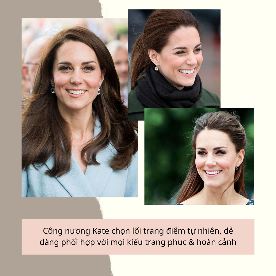 Công nương Kate khẳng định phong cách thời trang hoàng gia qua các bức ảnh. Cô lựa chọn trang điểm tự nhiên, phù hợp với mọi trang phục và hoàn cảnh, từ áo khoác đến khăn quàng.
