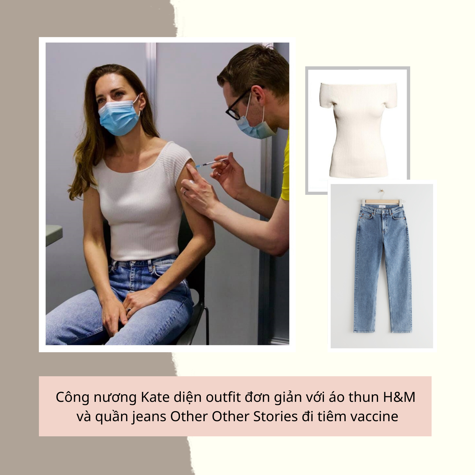 Công nương Kate diện outfit đơn giản với áo thun H&M và quần jeans Other Stories khi đi tiêm vaccine, thể hiện phong cách thời trang hoàng gia và trang điểm tự nhiên.