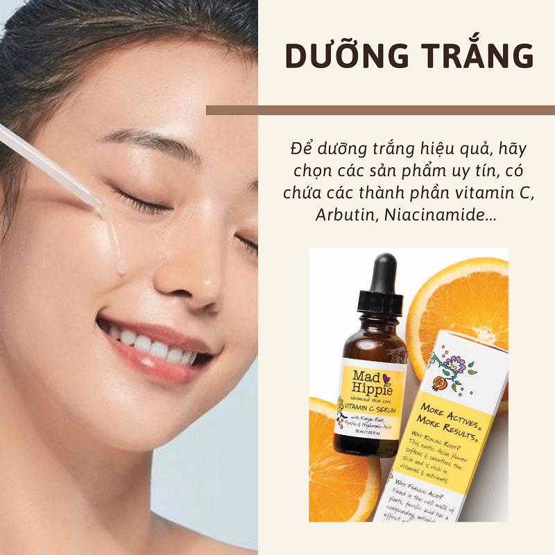 Dưỡng trắng hiệu quả với sản phẩm chứa vitamin C, Arbutin, Niacinamide.  Hình ảnh cô gái đang thực hiện skincare với serum làm sáng da, thể hiện niềm vui và sự hài lòng với quá trình dưỡng trắng da.