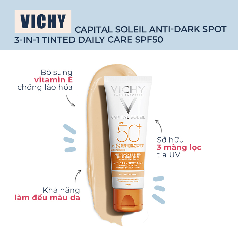 Kem chống nắng Vichy Capital Soleil Anti-Dark Spot SPF 50 với công thức 3 trong 1, bổ sung vitamin E giúp chống lão hóa, làm đều màu da, và sở hữu 3 màng lọc tia UV hiệu quả. Đây là sản phẩm lý tưởng cho các cô nàng hiện đại.
