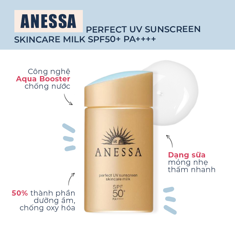 Anessa Perfect UV Sunscreen Skincare Milk SPF50+ PA++++ là kem chống nắng có công nghệ Aqua Booster chống nước, với thành phần 50% dưỡng ẩm và chống oxy hóa. Sản phẩm dạng sữa mỏng nhẹ, thẩm thấu nhanh, giúp bảo vệ làn da khỏi ánh nắng mặt trời, được coi là kem chống nắng tốt nhất cho các cô nàng hiện đại.
