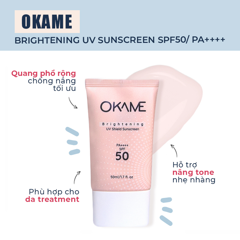 Kem chống nắng OKAME Brightening UV Shield với SPF50/PA++++, giúp quang phổ chống nắng tối ưu, phù hợp cho da treatment và hỗ trợ nâng tone nhẹ nhàng, là lựa chọn hàng đầu cho các cô nàng hiện đại.