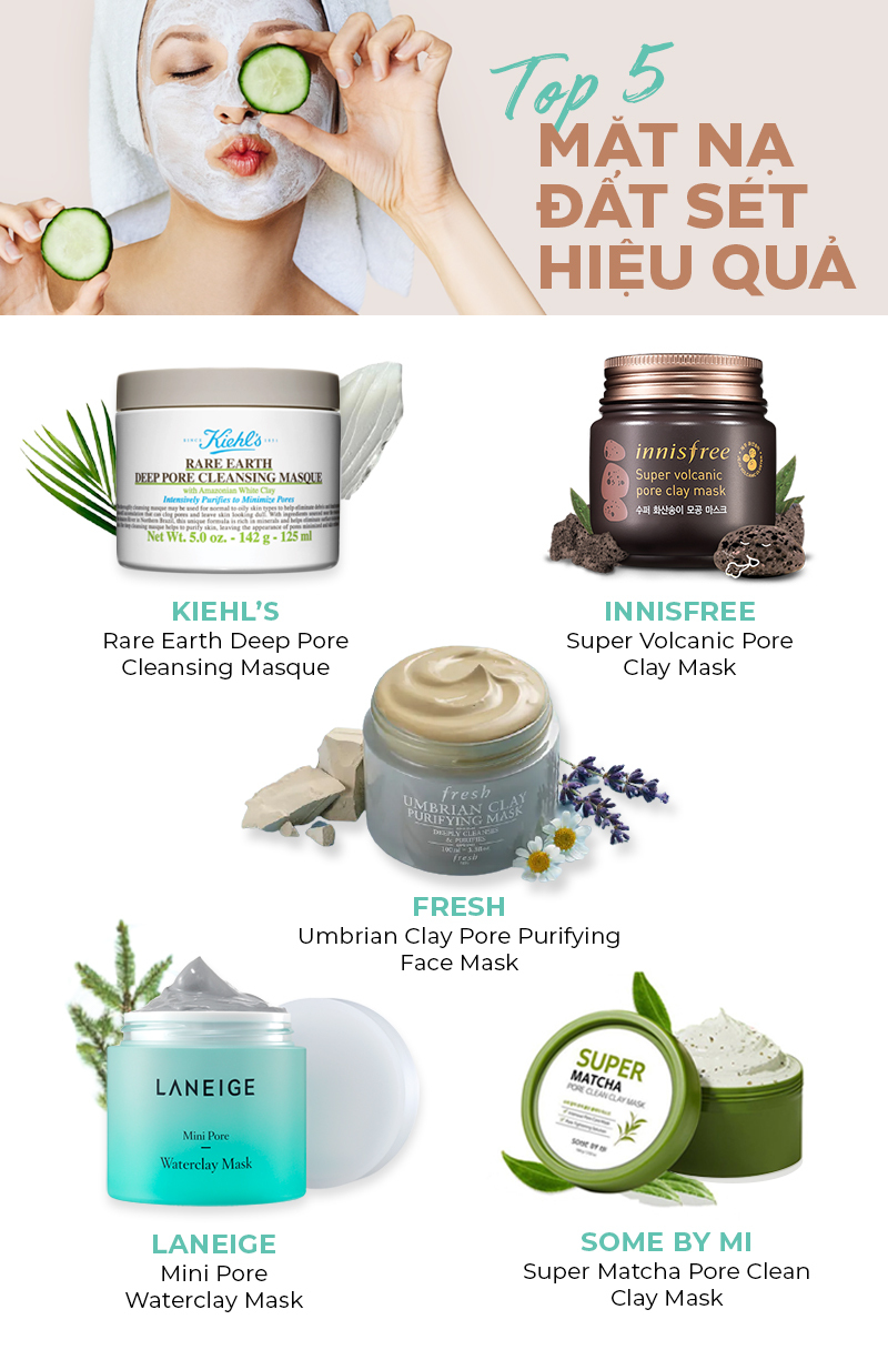Bài viết về cách khắc phục lỗ chân lông to trong mùa hè với các sản phẩm mặt nạ cho da dầu, bao gồm Kiehl's Rare Earth Masque, Innisfree Super Volcanic Pore Clay Mask, Fresh Umbrian Clay Mask, Laneige Mini Pore Waterclay Mask, và Some By Mi Super Matcha Clay Mask.