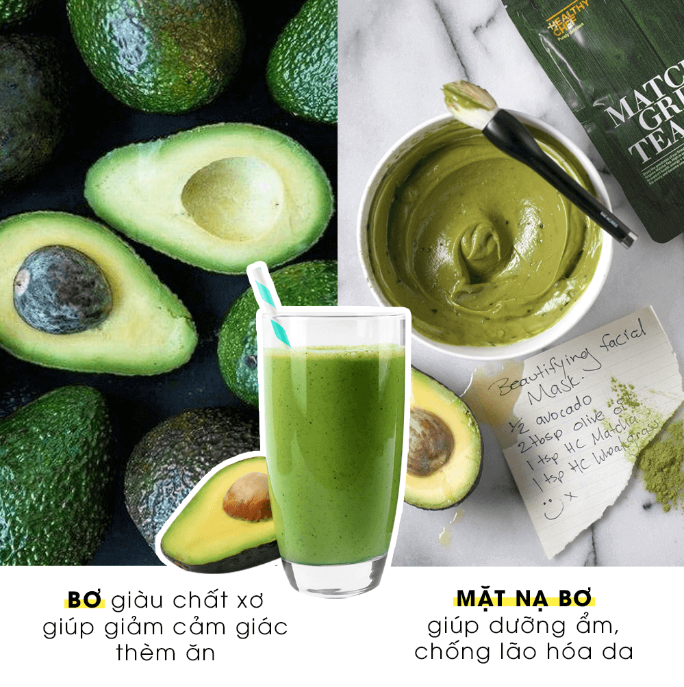 Bơ giàu chất xơ giúp giảm cảm giác thèm ăn, là nguyên liệu tuyệt vời cho thức uống giảm cân. Mặt nạ bơ giúp dưỡng ẩm, chống lão hóa da, nổi bật trong việc chăm sóc da và sắc đẹp.