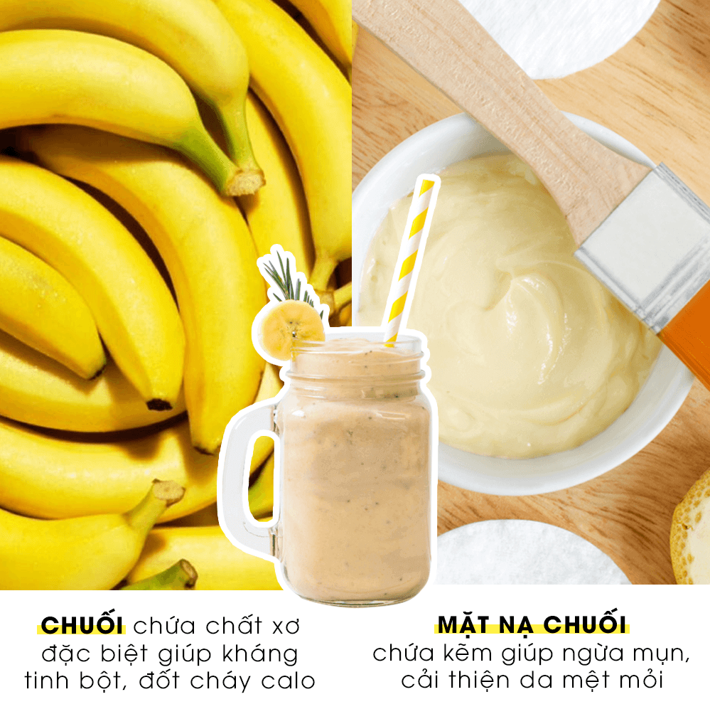 Chuối chứa chất xơ đặc biệt giúp kháng tinh bột, đốt cháy calo. Mặt nạ chuối giúp ngừa mụn, cải thiện da mệt mỏi. Khám phá cách chế biến smoothie và mặt nạ dưỡng da tự nhiên từ trái cây làm đẹp da, cho vóc dáng mi nhon.