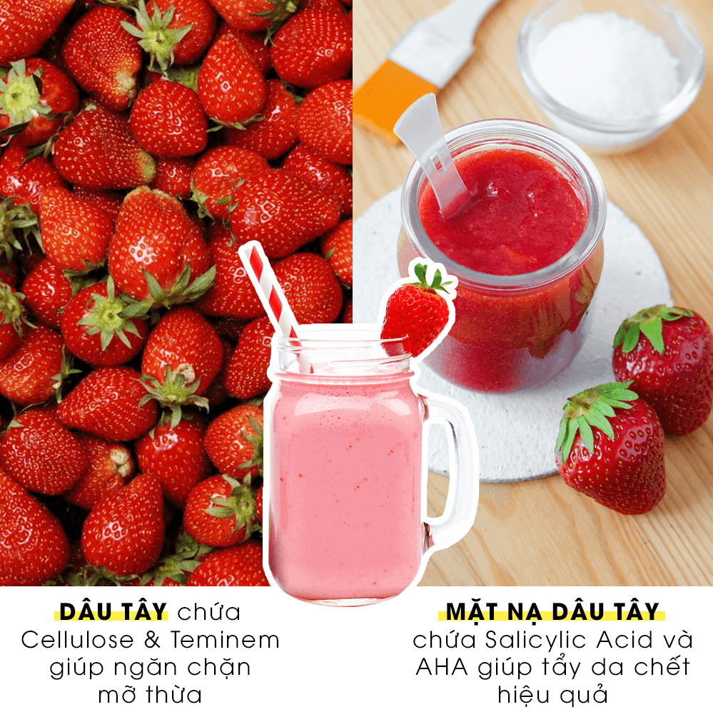 Dâu tây tươi với smoothie dâu tây và mặt nạ dưỡng da từ dâu tây, mang lại lợi ích giảm cân và làm đẹp da, chứa thành phần tự nhiên hỗ trợ chăm sóc sắc đẹp.