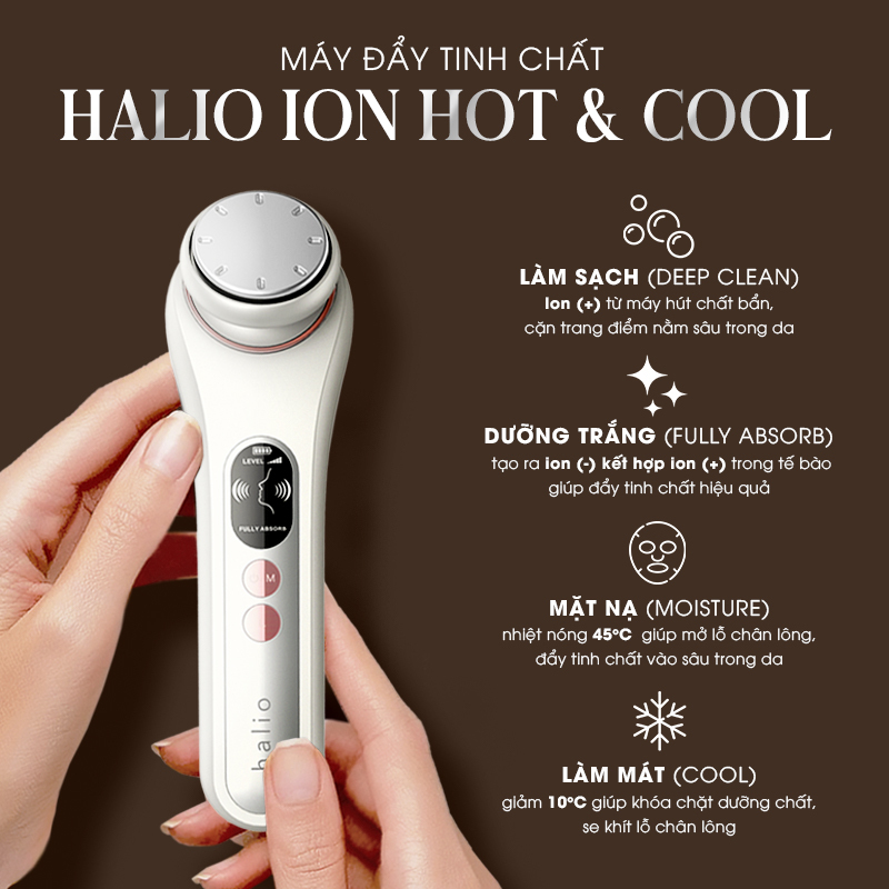 Máy đẩy tinh chất Halio Ion Hot & Cool giúp làm sạch da sâu, dưỡng trắng và cấp ẩm hiệu quả. Sản phẩm hỗ trợ chống lão hóa, dưỡng da như sao Hàn, thích hợp cho những ai yêu thích mỹ phẩm Penthouse.