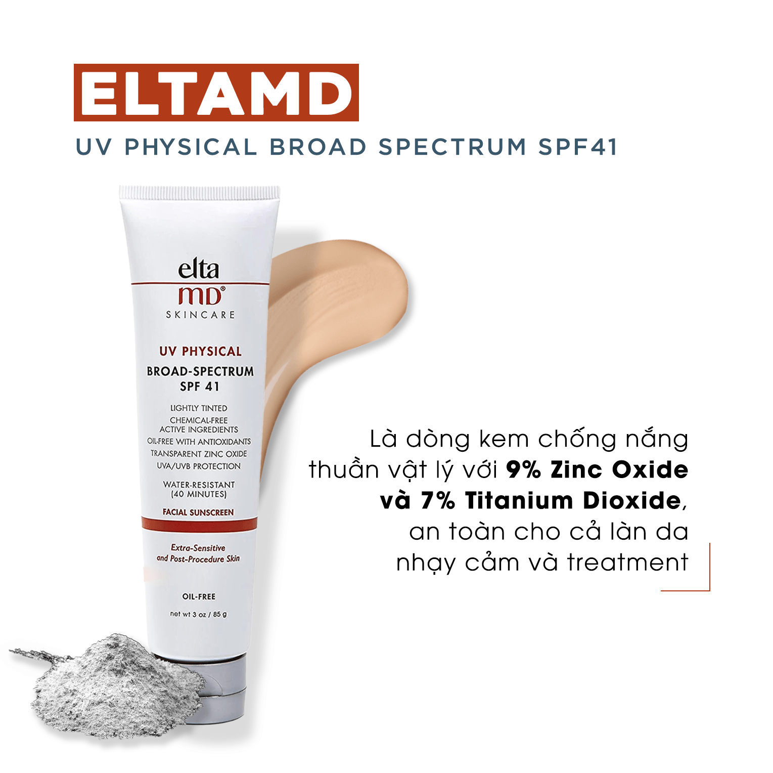 Elta MD UV Physical Broad-Spectrum SPF 41 là sản phẩm chống nắng vật lý lai hóa học với 9% Zinc Oxide và 7% Titanium Dioxide, an toàn cho da nhạy cảm và da dùng treatment, hỗ trợ bảo vệ hiệu quả khỏi tác hại của ánh nắng.