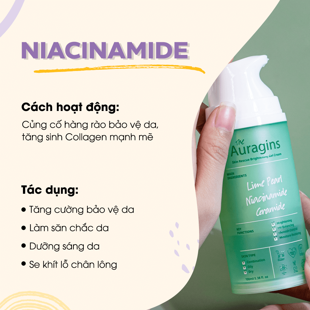 Bổ sung Niacinamide vào chu trình skincare giúp tăng cường bảo vệ da, làm săn chắc da, dưỡng sáng da và se khít lỗ chân lông. Đây là thành phần chống lão hóa hiệu quả, giảm nếp nhăn và đốm nâu.