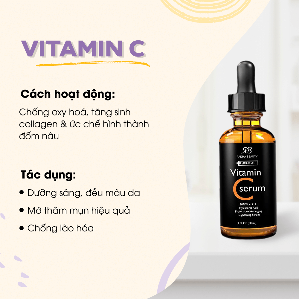 Vitamin C serum giúp ngăn chặn quá trình lão hóa da, cải thiện nếp nhăn và đốm nâu hiệu quả, hỗ trợ làm sáng da và cải thiện màu sắc da.