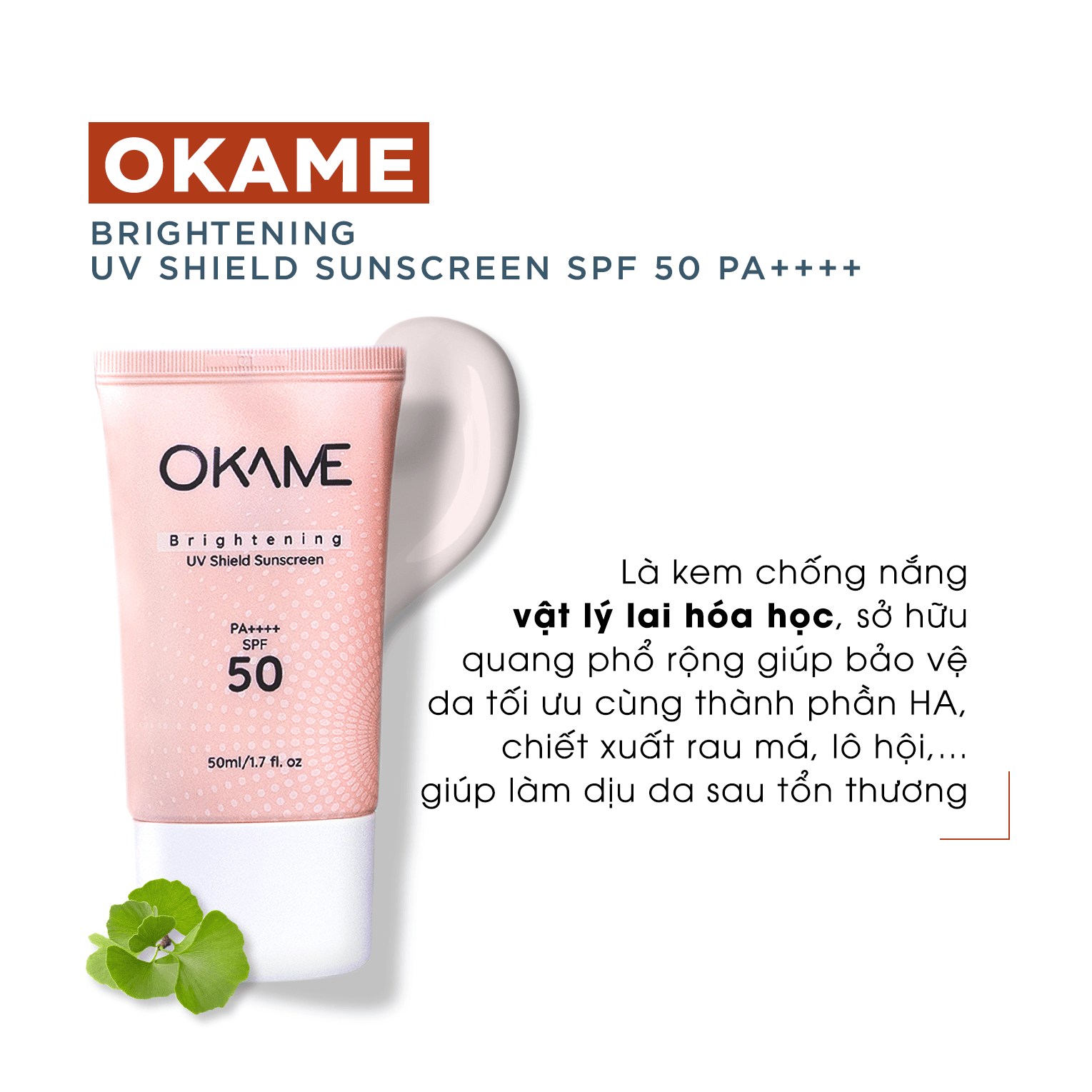 Kem chống nắng OKAME Brightening UV Shield Sunscreen SPF 50 PA++++ là sản phẩm lý tưởng cho da treatment, với sự kết hợp của chống nắng vật lý lai hóa học và thành phần lành tính như HA, giúp bảo vệ da khỏi tác hại của ánh nắng và hỗ trợ làm dịu da sau tổn thương.