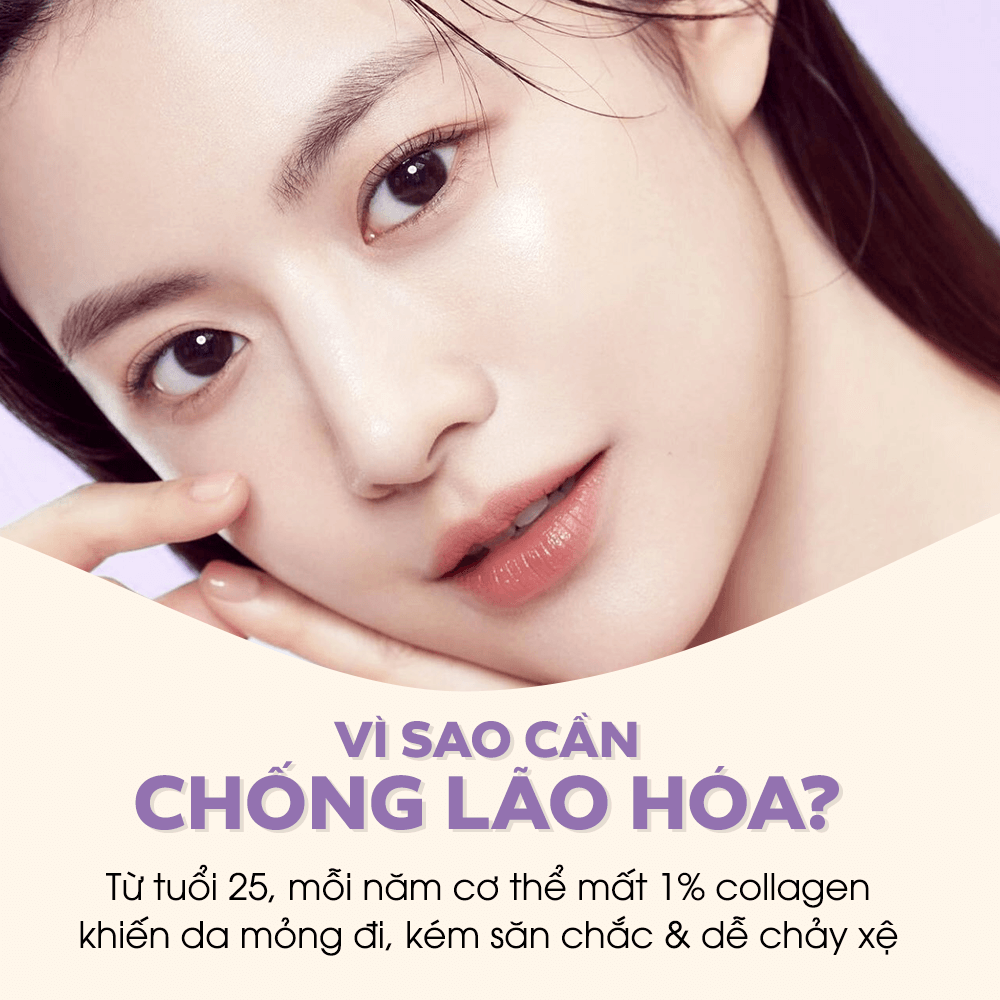 Bài viết về lý do cần chống lão hóa da từ tuổi 25, nhấn mạnh mất 1% collagen mỗi năm, ảnh hưởng đến độ săn chắc và tính đàn hồi của da. Hướng dẫn bổ sung thành phần chống lão hóa để cải thiện nếp nhăn và đốm nâu.